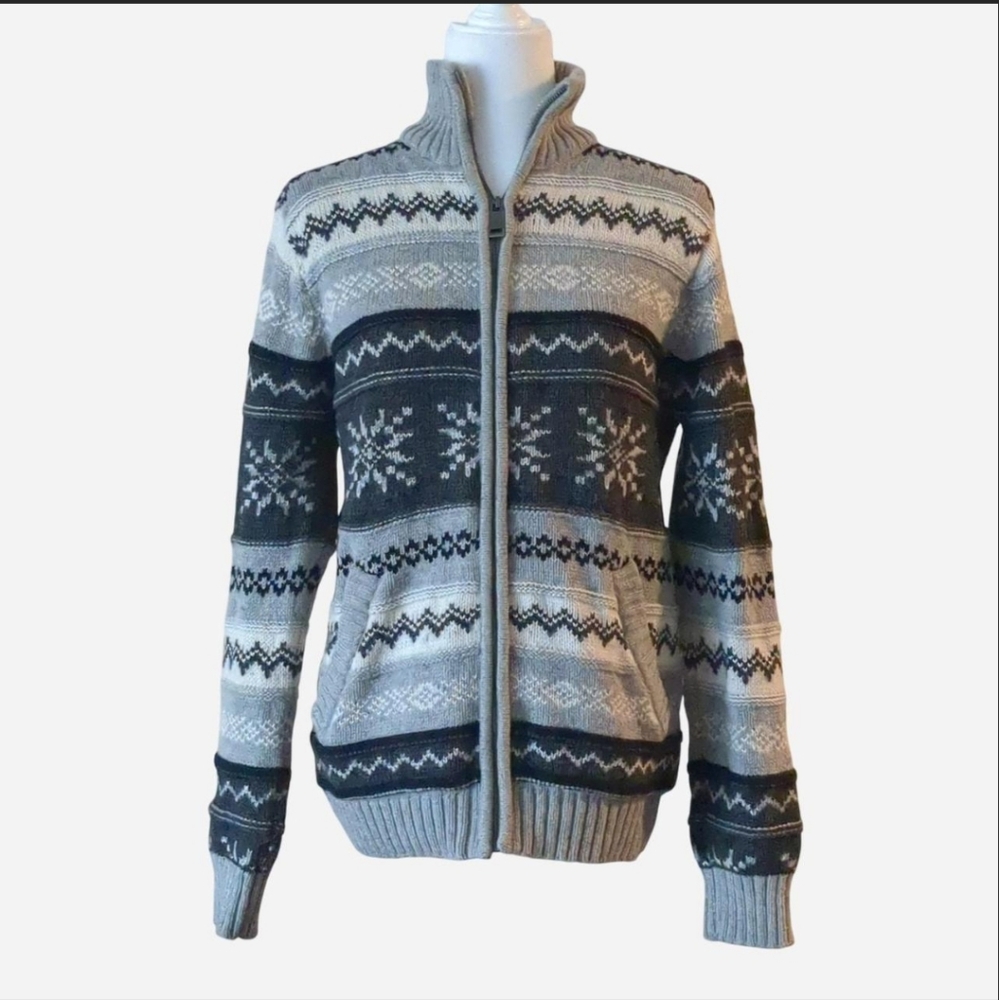 H&M L.O.G.G. Cabincore Gray Wool Blend Fair Isle Zip Sweater - Men's Medium